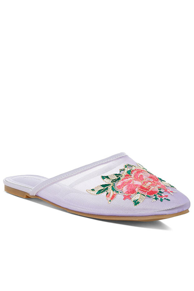 Women Floral Embroidered Mesh Mules in Lilac