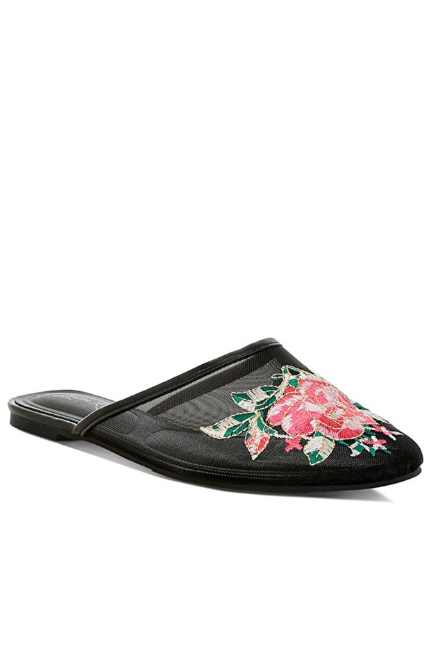Women Floral Embroidered Mesh Mules in Black