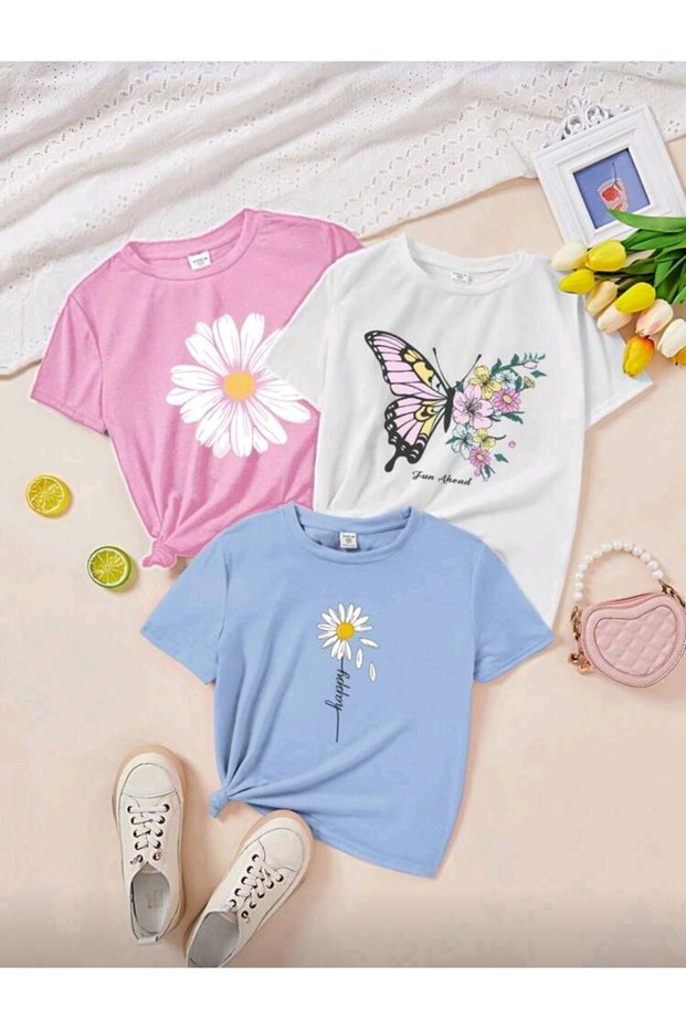 New Season 3-Piece Set Girls' T-Shirt, Multi-Color, 100% Cotton