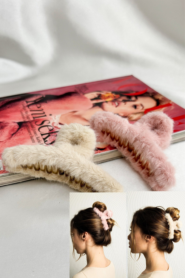 İkili Peluş Mandal Saç Tokası (12 cm) - 1