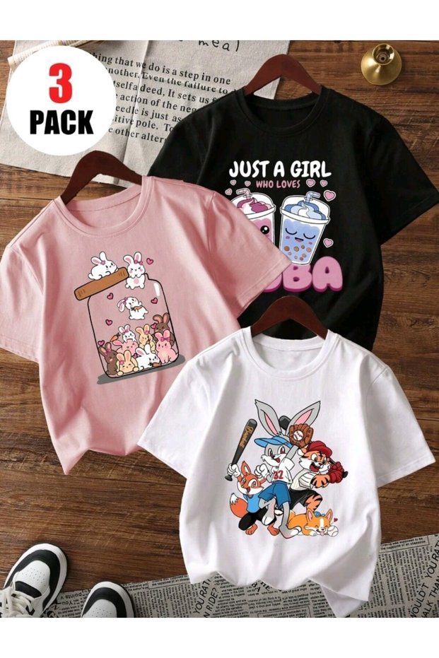 New Season 3-Piece Set Girls' T-Shirt, Multi-Color, 100% Cotton