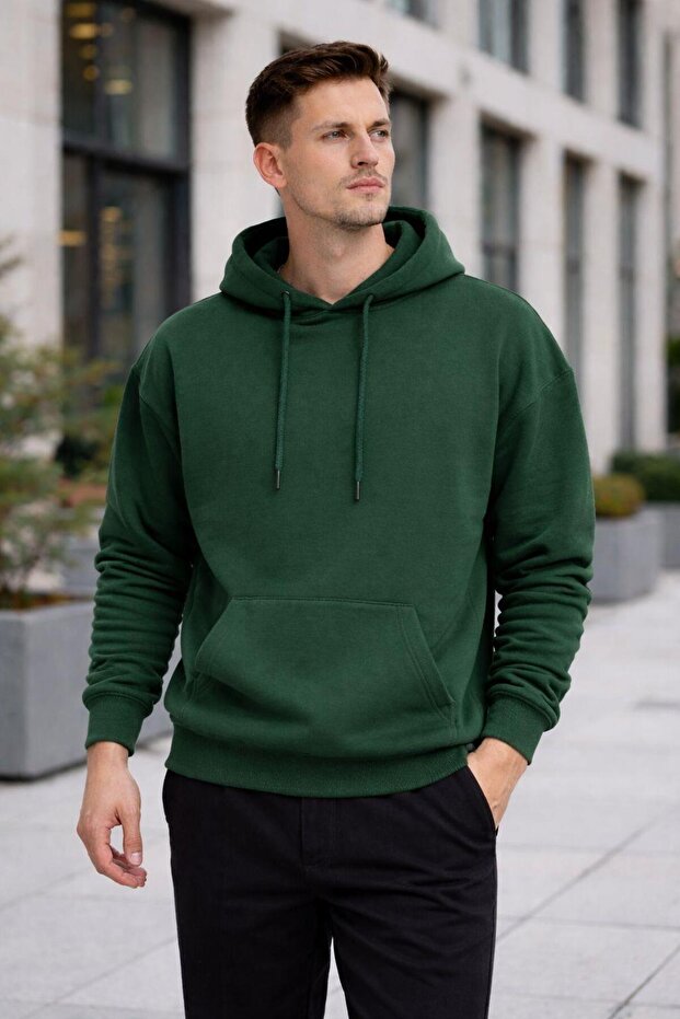 Men's Oversized Hooded Kangaroo Pocket 3 Thread Fleece Inside Khaki Sweatshirt