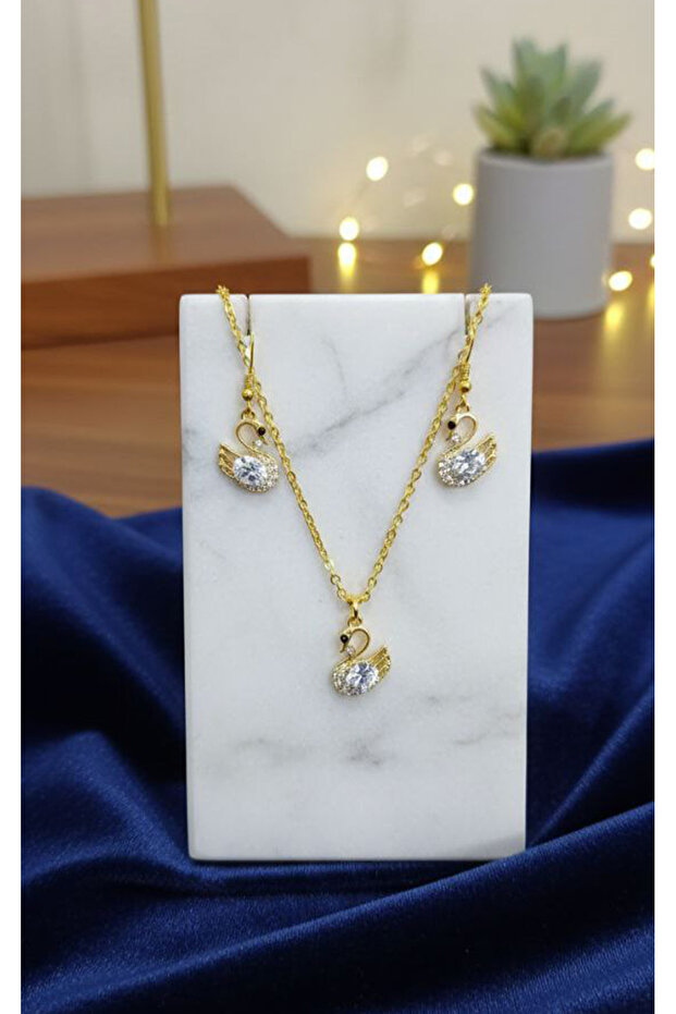 2-Piece Gold Color Zircon Stone Peacock Model Jewelry Set - 60 cm Necklace Earring Set