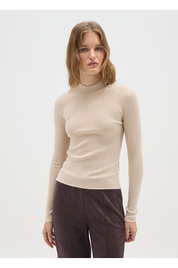 Beige Fitted High-Neck Sweater