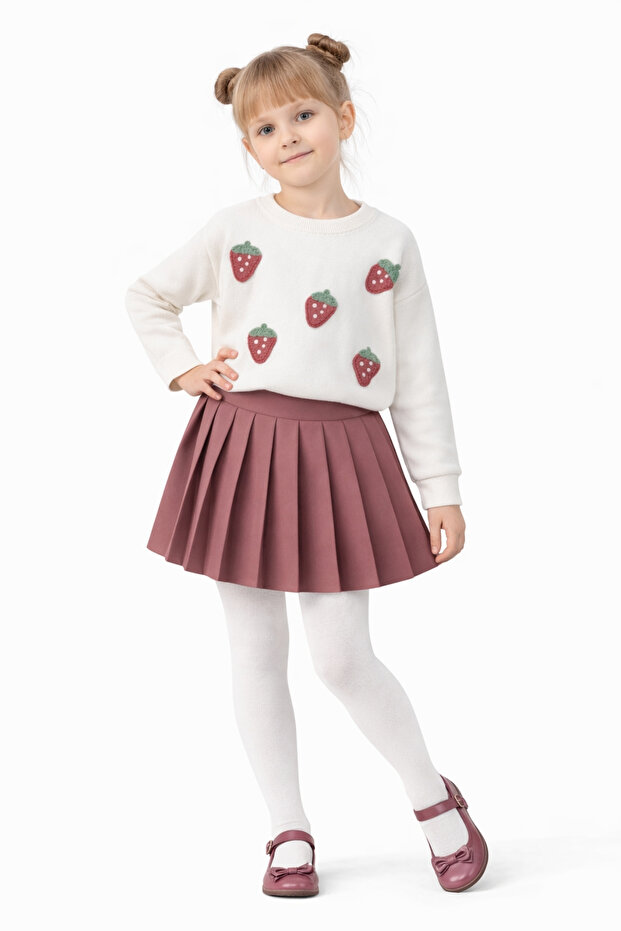Girl's Strawberry Patterned Top Pleated Skirt Combination Ak14527
