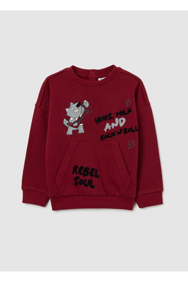 Children'S Oversized Pure Cotton Red Sweatshirt With Print And Crew Neck