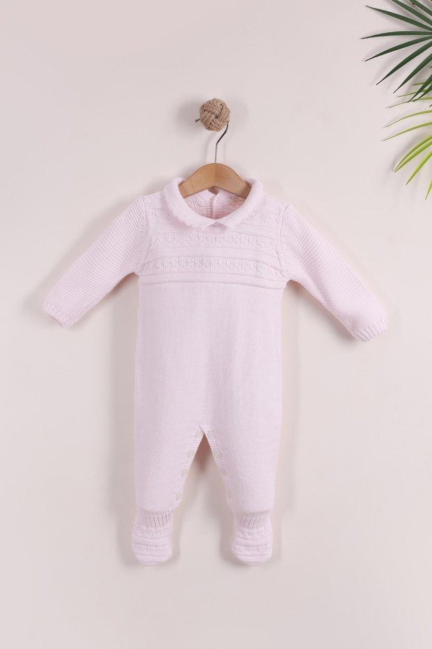 Pink girl boy knitted jumpsuit with collar | 0-3, 3-6, 6-9 month baby overalls