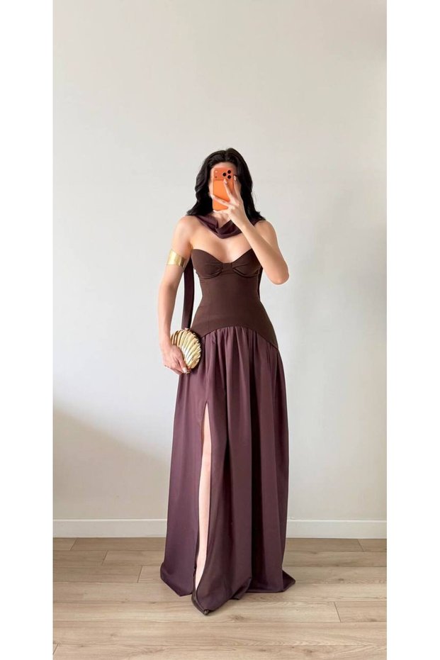 Women's Brown Maxi Dress with Shawl Detail, Gathered Waist, and Slit