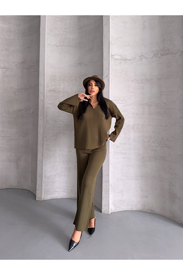 Polo Yaka Corded Fabric Bottom-Top Knitwear Set