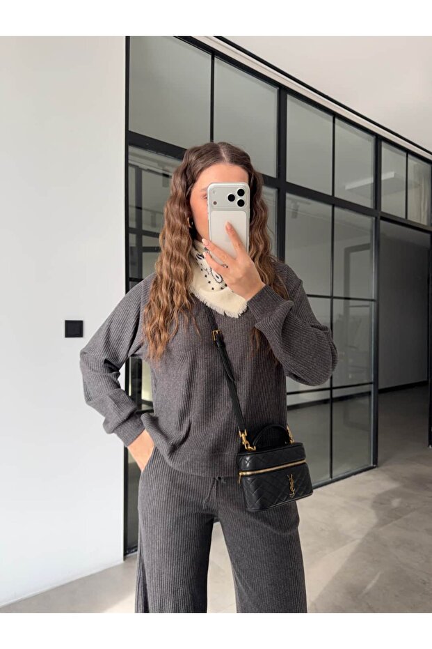Yani Slit Ribbed Knitwear Set Anthracite