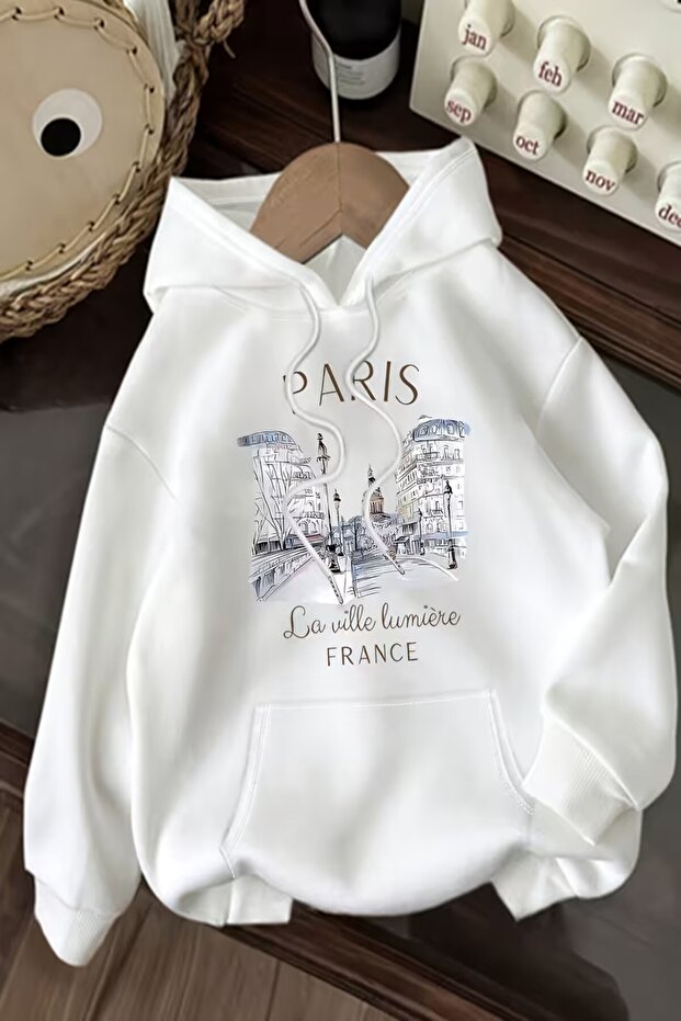 Hooded Sweatshirt with Kangaroo Pocket 3 Yarn Cotton Paris Print Sweatshirt