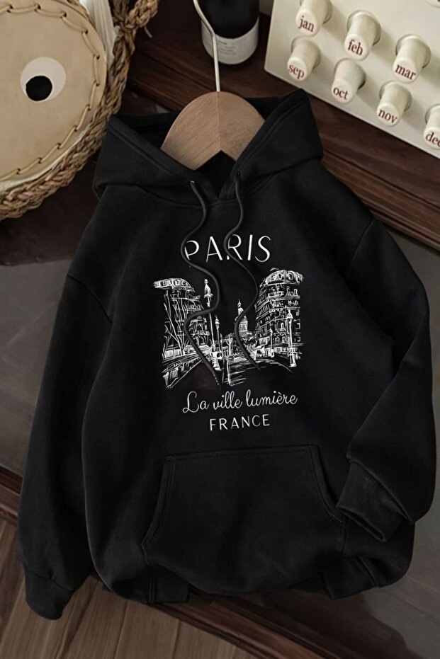 Hooded Sweatshirt with Kangaroo Pocket 3 Yarn Cotton Paris Print Sweatshirt