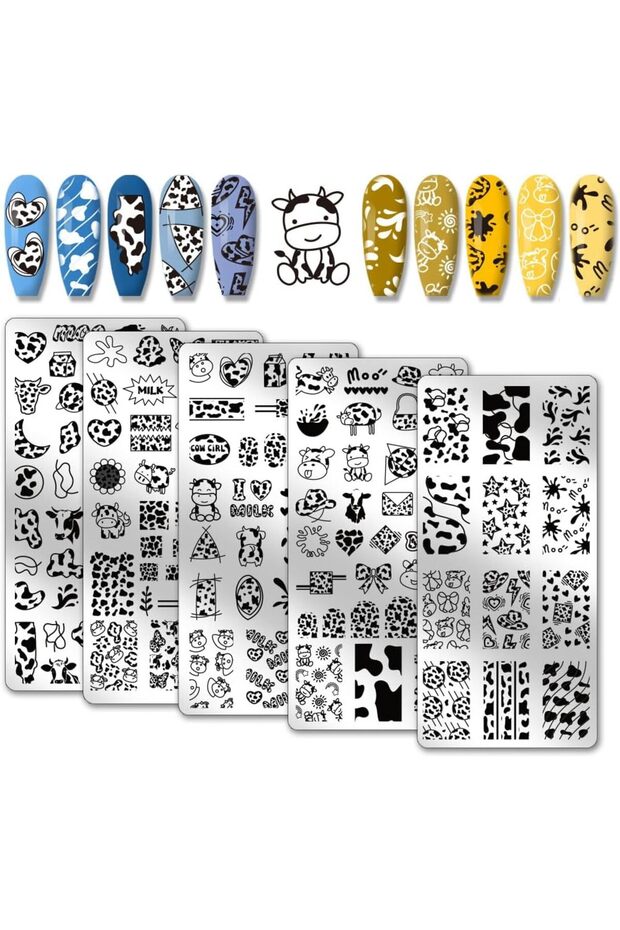 AECH011-02699 5pcs Cow-Theme Nail Stamping Plates Cute Animal Nail Art Templates Cow Spots Nail Art