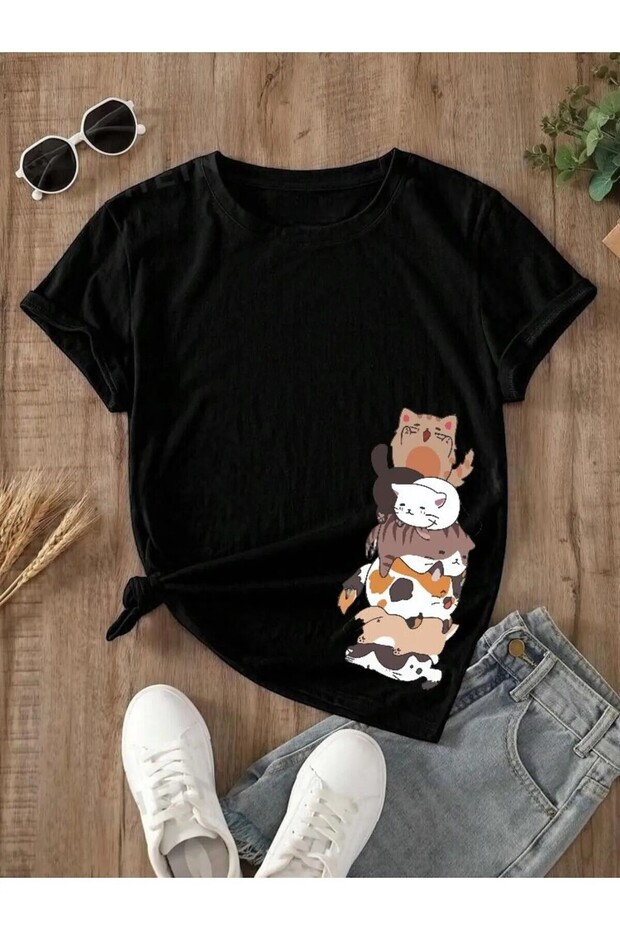Cat Printed Children's Tee - Cycling Neck T-Shirt