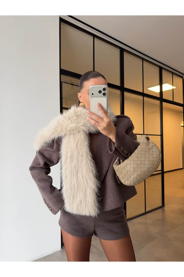 Faux Fur Scarf with Detailed Stitching, Beige