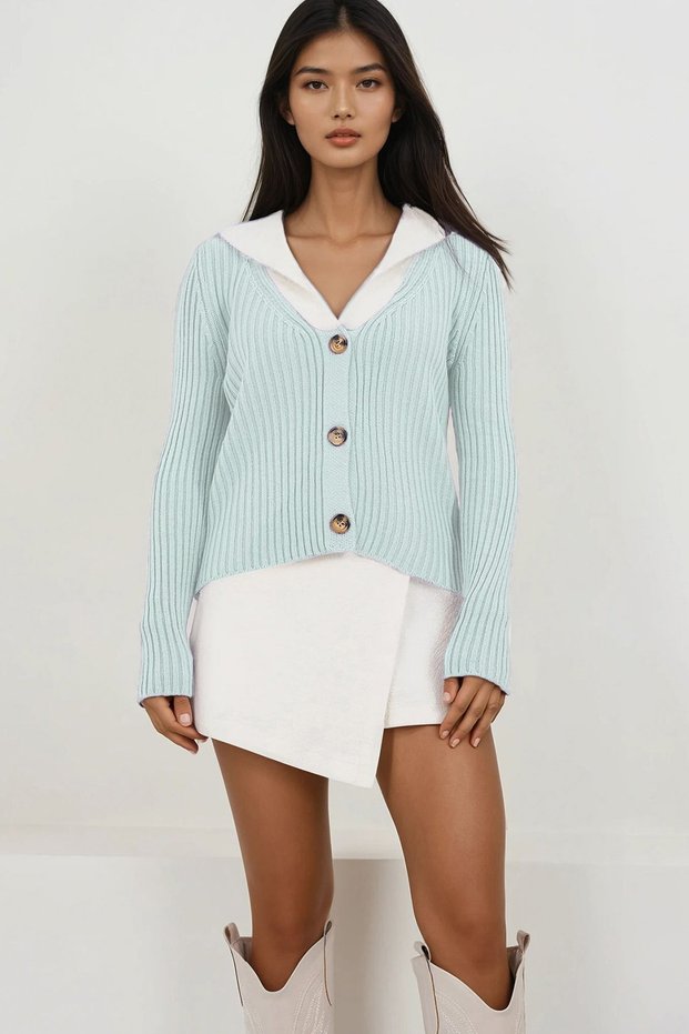 Blue Fur Collar Knitwear Cardigan Alc-X14869