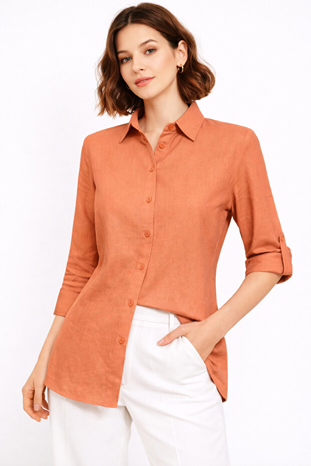 Women's Orange Linen Shirt | Fitted Cut, Sleeve Fold Detail, Buttoned, Casual & Office Chic -
