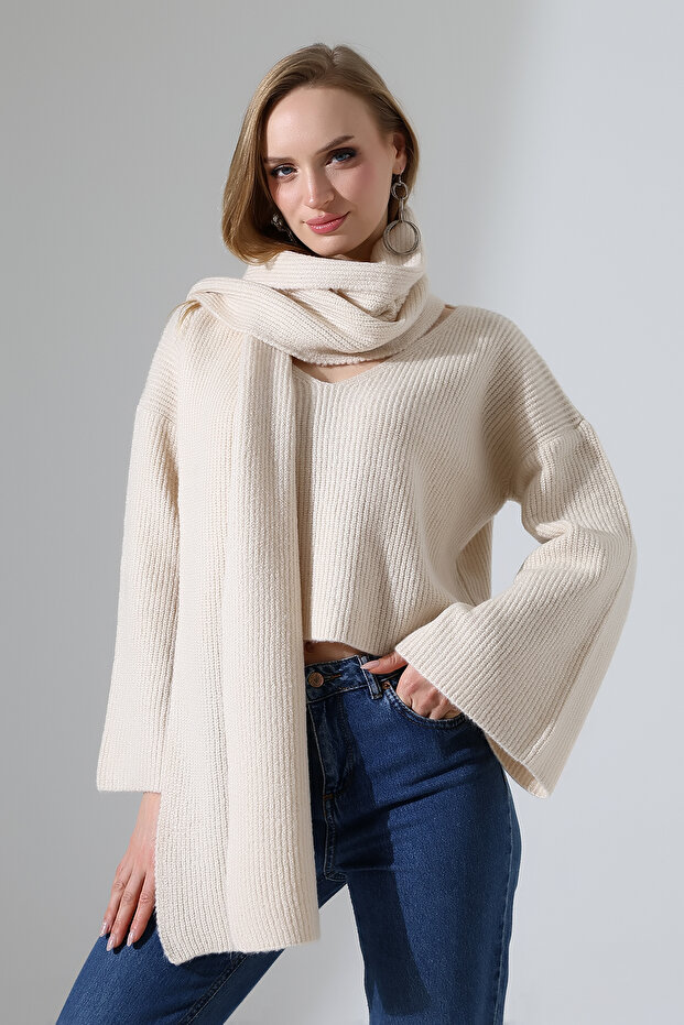 Women's Scarf V-Neck Soft Spanish Sleeve Knitwear Sweater