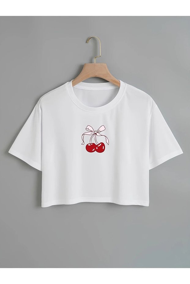Women's Oversize Crew Neck Cherry Printed Crop T-Shirt