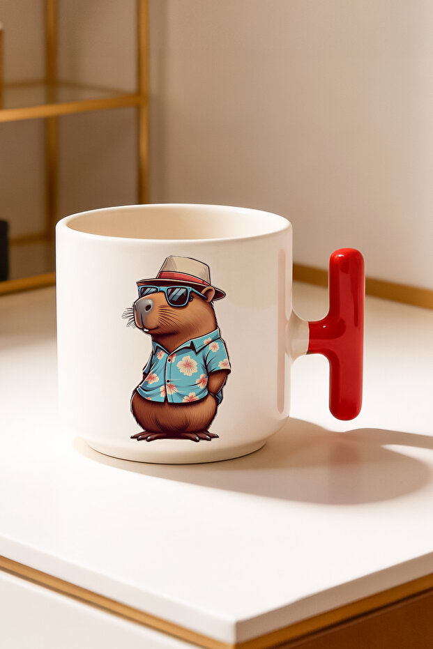 كوب سيراميك مطبوع من كابيبارا بتصميم Red T Handle مخصص للعطلات، سعة 250 مل