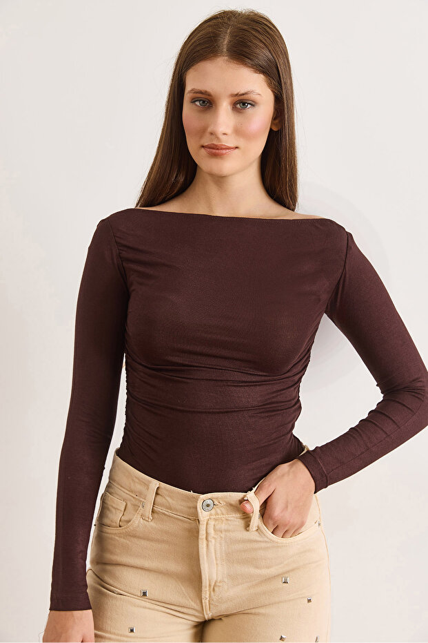 Women's Brown Side Draped Boat Neck See-Through Blouse Blz-19003196