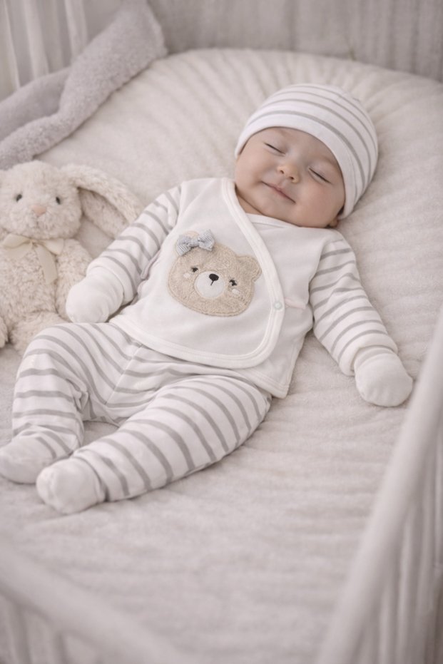 5-Piece Gray 100% Cotton Newborn Baby Girl Hospital Discharge Set with Bow and Bear Pattern