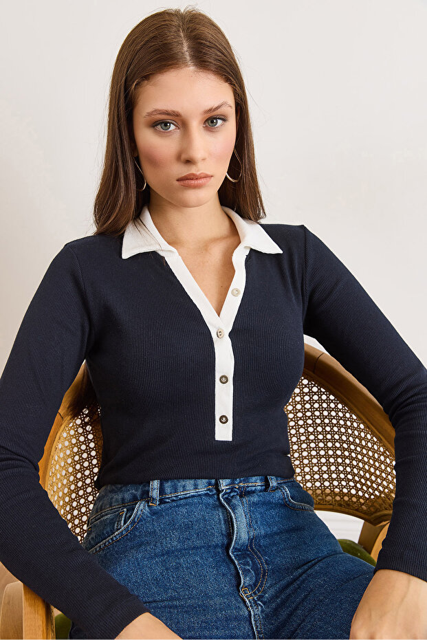 Women's Navy Blue White Collar Detailed Buttoned Corded Fabric Stretchy Blouse Blz-19003181