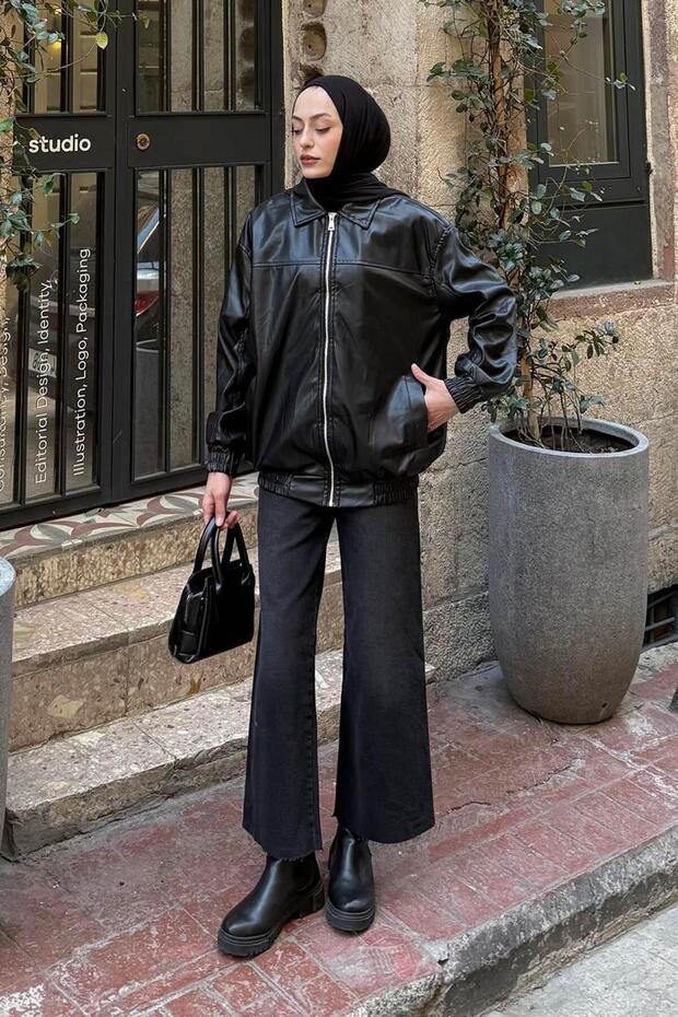 Zippered Leather Jacket Black