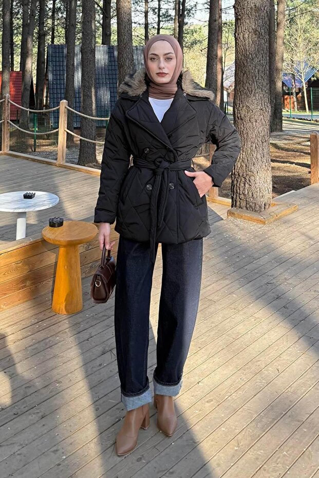 Fur Collar Tie Detail Coat Black