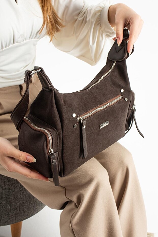 Women's Quality Suede Shoulder and Shoulder Bag with Two Side Pockets and 8 Compartments 735