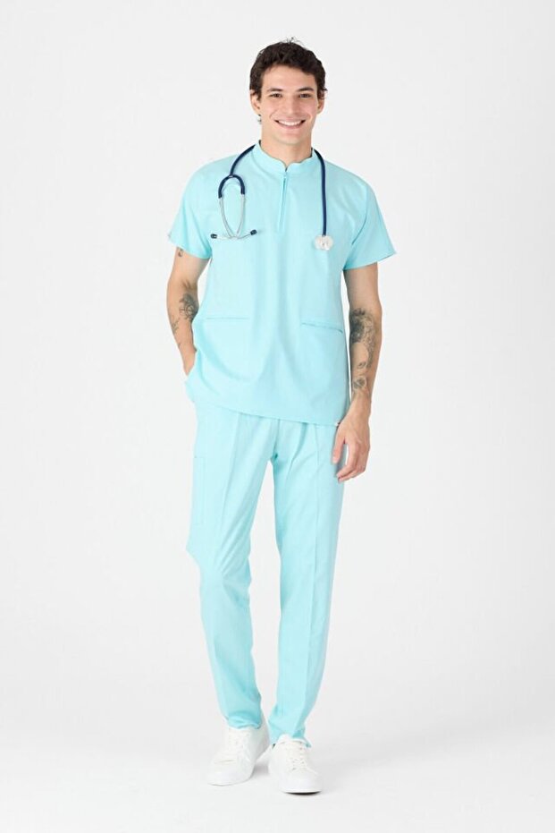 Stretch Fabric Ice Blue Zipper Detailed Scrubs