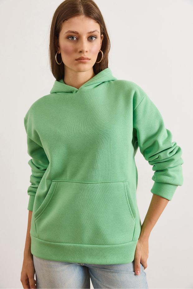 Women's Pistachio Green Hooded Kangaroo Pocket Loose Fit Fleece-Lined Sweatshirt Swt-19000797