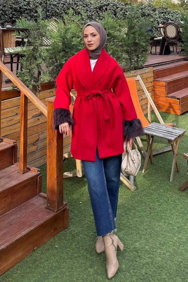 Sleeve Fur Detailed Cashmere Coat Pomegranate Flower