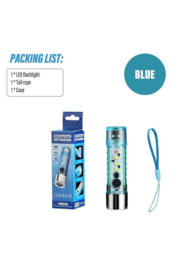 Blue Body Super Bright Mini LED Flashlight 4 Colors With Tail USB Charging Head and Magnets Waterpro