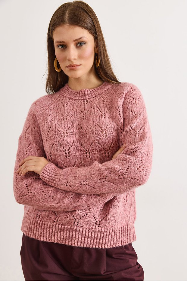 Women's Dusty Rose Lace-Like Knit Soft Textured Knitwear Sweater Kzk-19001053