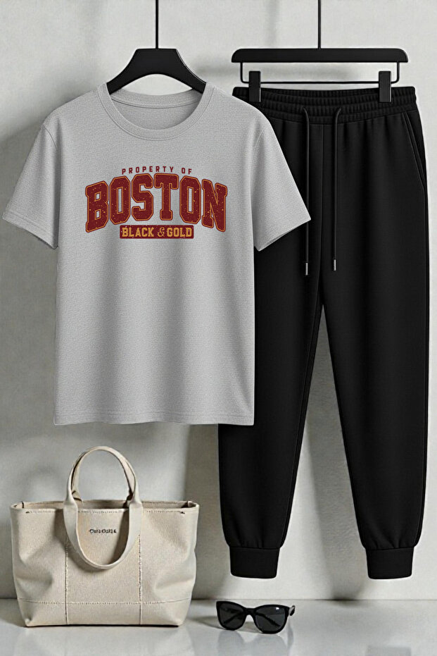 Unisex Boston Design Printed T-Shirt - 2-Piece Tracksuit Set