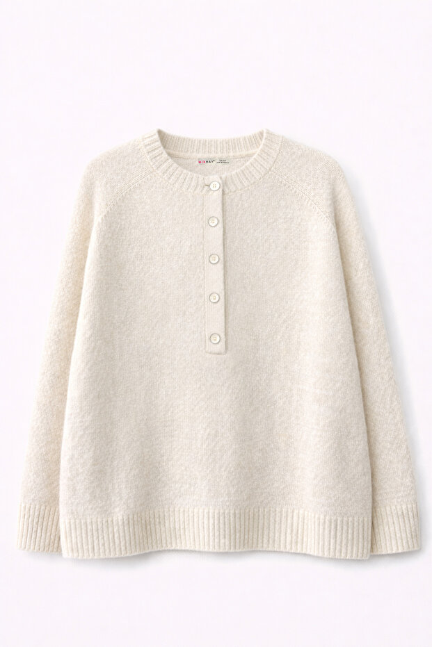 7004 Kadın Düğmeli Basic Triko Kazak Naturel - 1