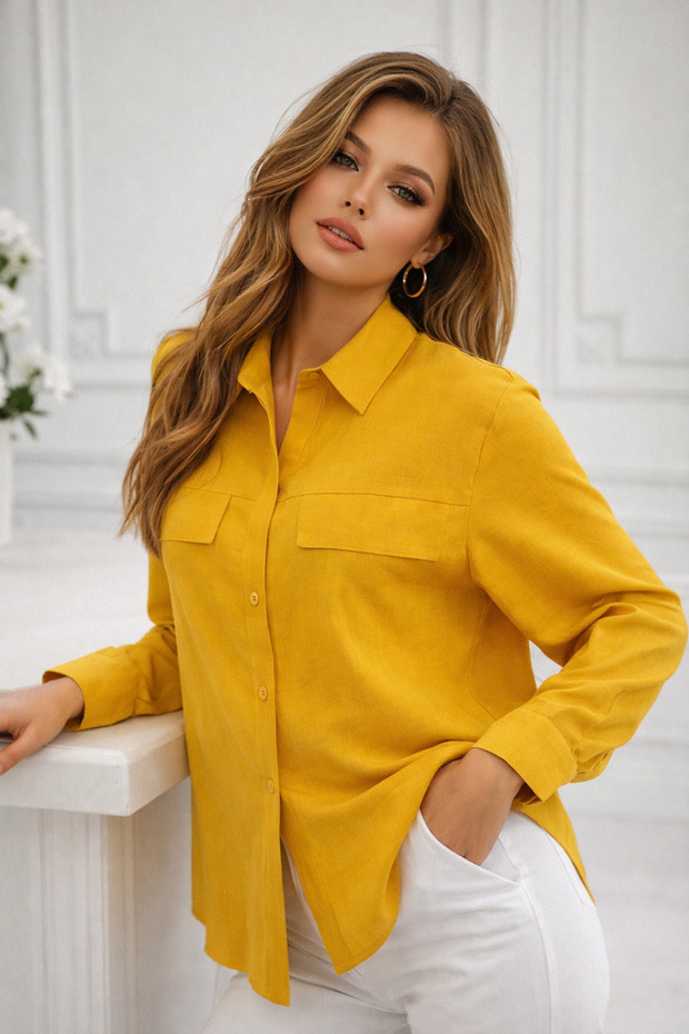 Women's Yellow Oversized Pocket Detail Long Sleeve Shirt