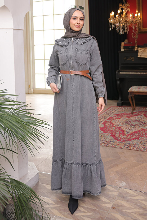 Smoked Collar Stone Detail Half Zipper Belted Denim Dress