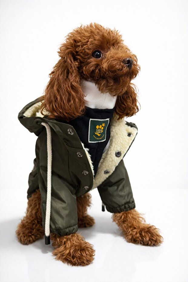 Small Breed Hooded Fur Dog Coat Khaki – Winter, Cold-Proof, Stylish Dog Apparel