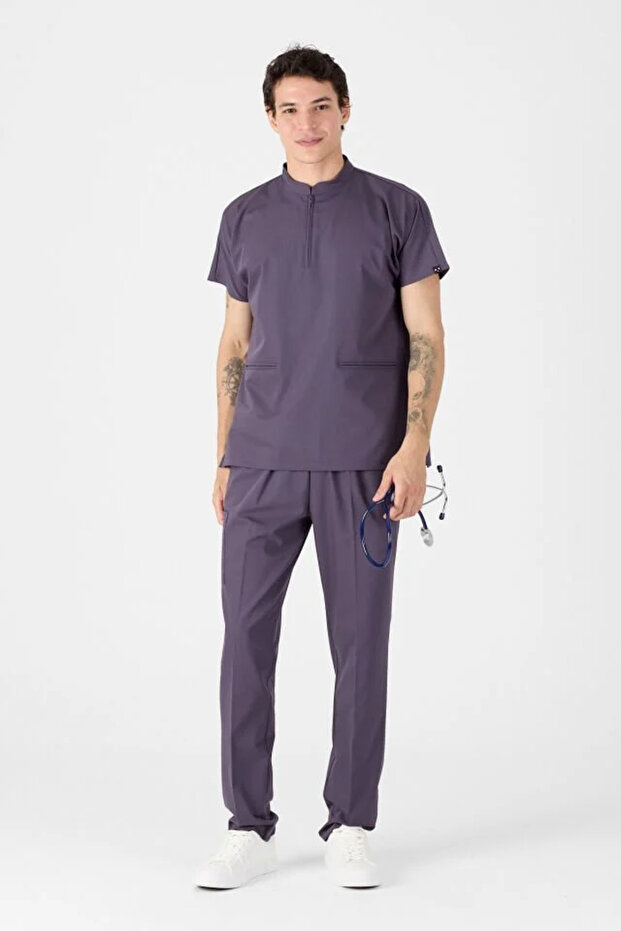 Stretch Fabric Plum Plum Zipper Detailed Scrubs