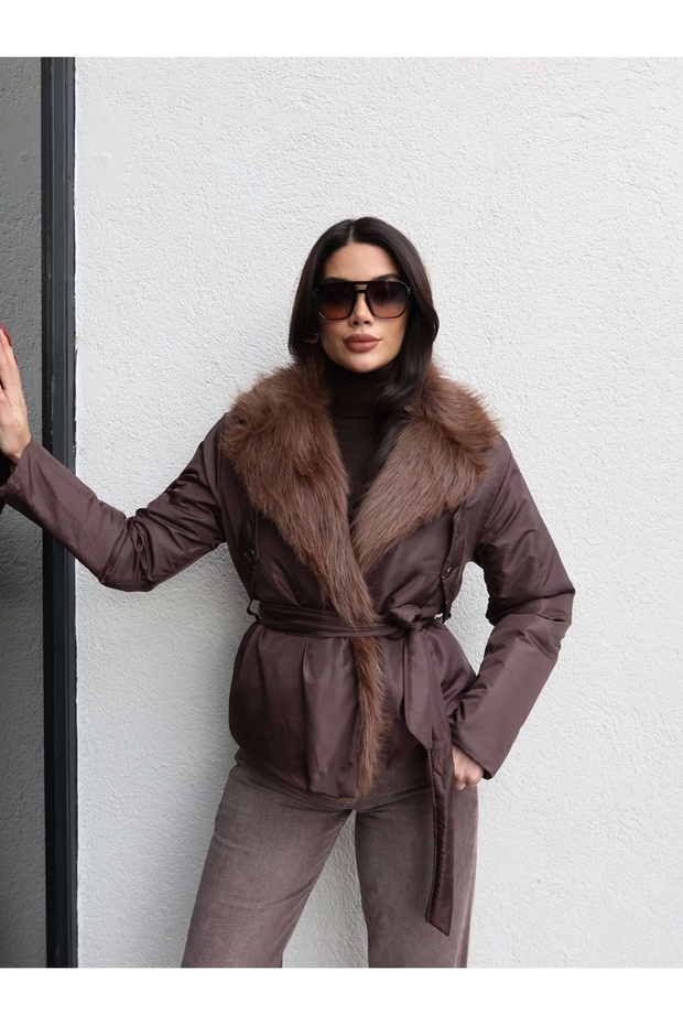 Collar Faux Fur Tie-Up Coat