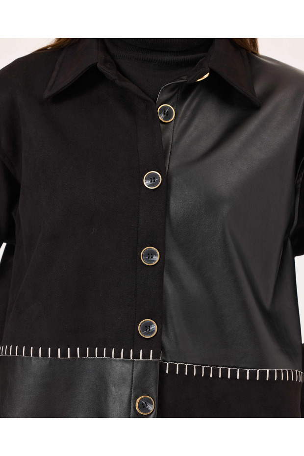 Çift Kumaşlı Düğmeli Gömlek - 4