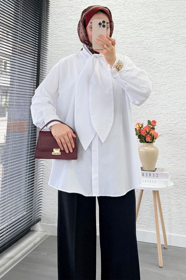 Tie Collar Oversized Women's Shirt Tunic – White