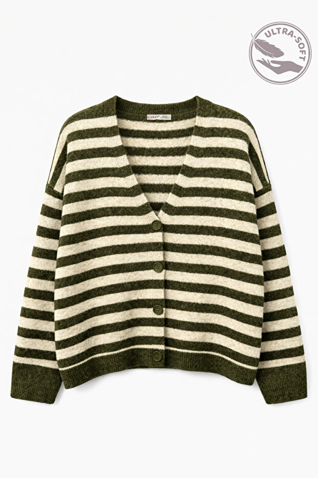 7017 Women's Wool Blend Oversized Striped Knitwear Cardigan Khaki