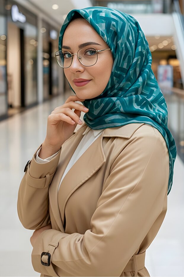 وشاح قطني رقمي ناعم باللون الأخضر الزمردي