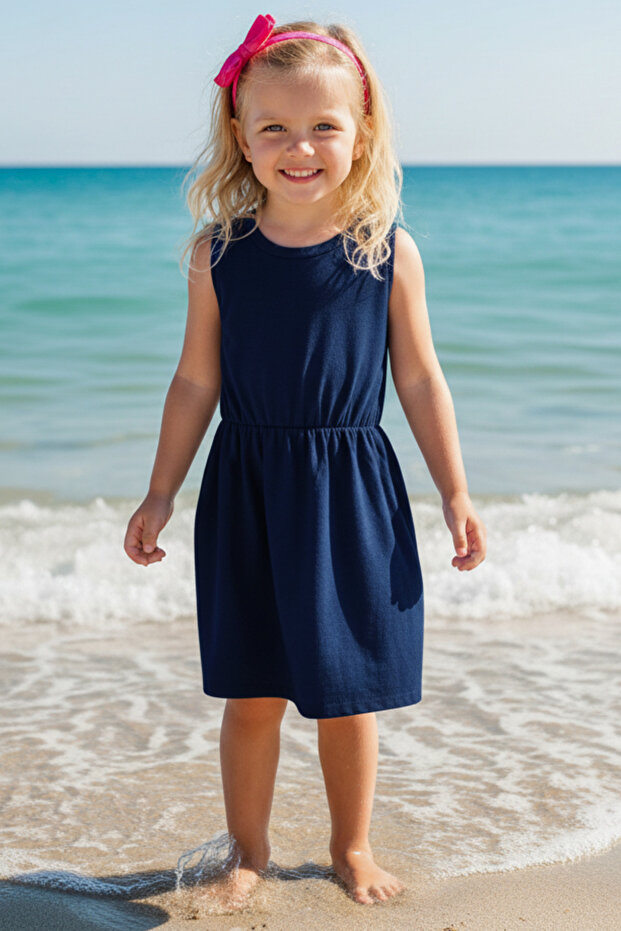 Girl's Navy Blue Dress Fuchsia Bandana Set 0026
