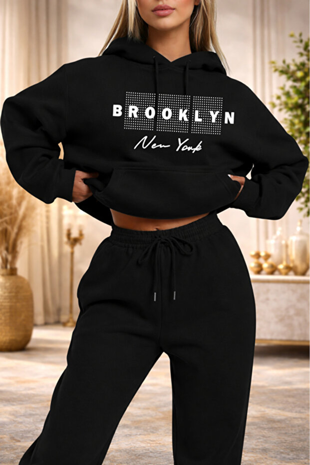 Unisex Brooklyn New York Printed Hooded Sweatshirt & Jogger Tracksuit Set