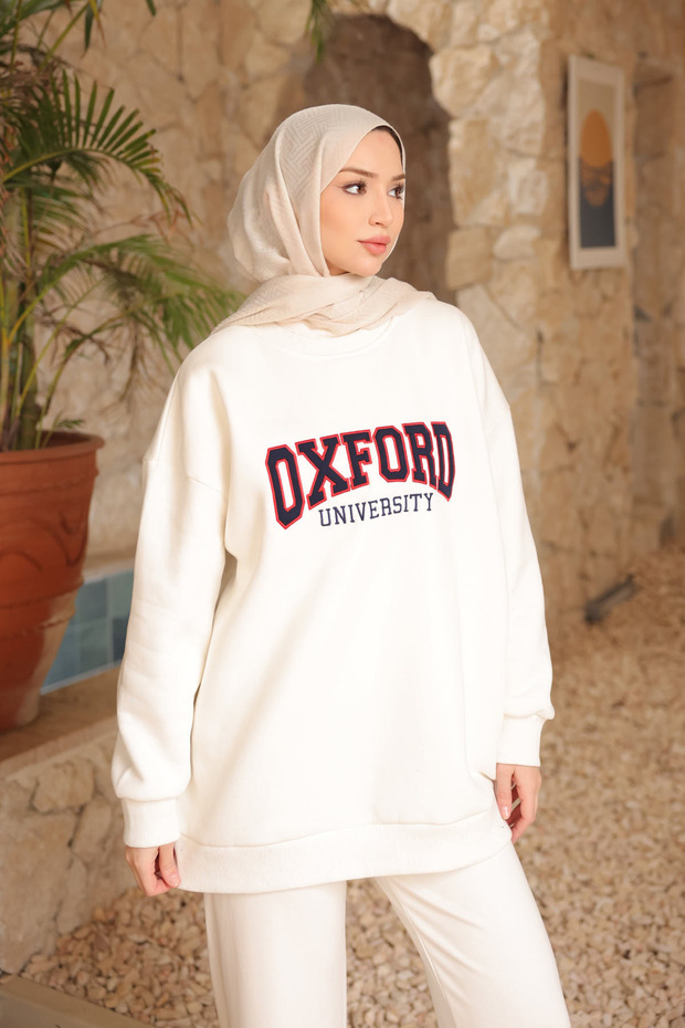 Ecru Back Zipper Three Thread Fleece-Lined O Oversized Sweatshirt