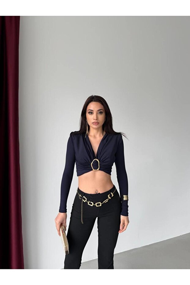 Women's Diver Fabric Buckled Shoulder Pad Piece Crop Blouse